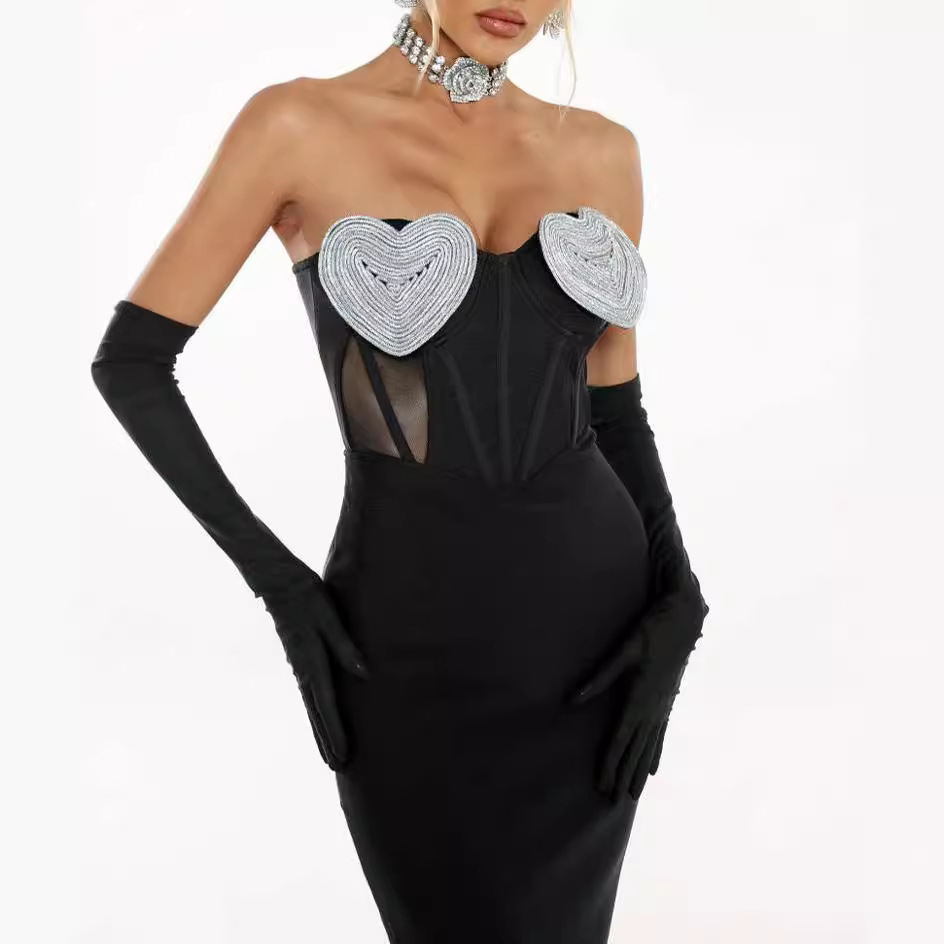 Glam Sequin Heart Bustier Black Bandage Midi Dress - Corset Mesh Panel BA423
