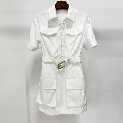 Women's Chic Khaki Utility Mini Dress - Sexy Lace-up Front Safari Cargo Dress with Belt 3093
