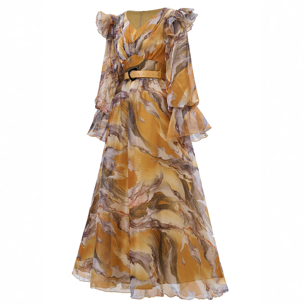 Maxi Chiffon Ruffle Dress with Belt | Yellow Marbled Print V-Neck Long Sleeve Flowy Boho Gown | Elegant Summer/Fall Occasion Wear for Women  qc17
