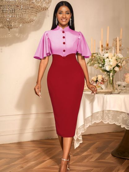 Plus-Sizes Elegant Patchwork Sheath Dress with Flounce Sleeves - Two-Tone Bodycon Midi Dress for Women AM050532	-UGENA FASHION
