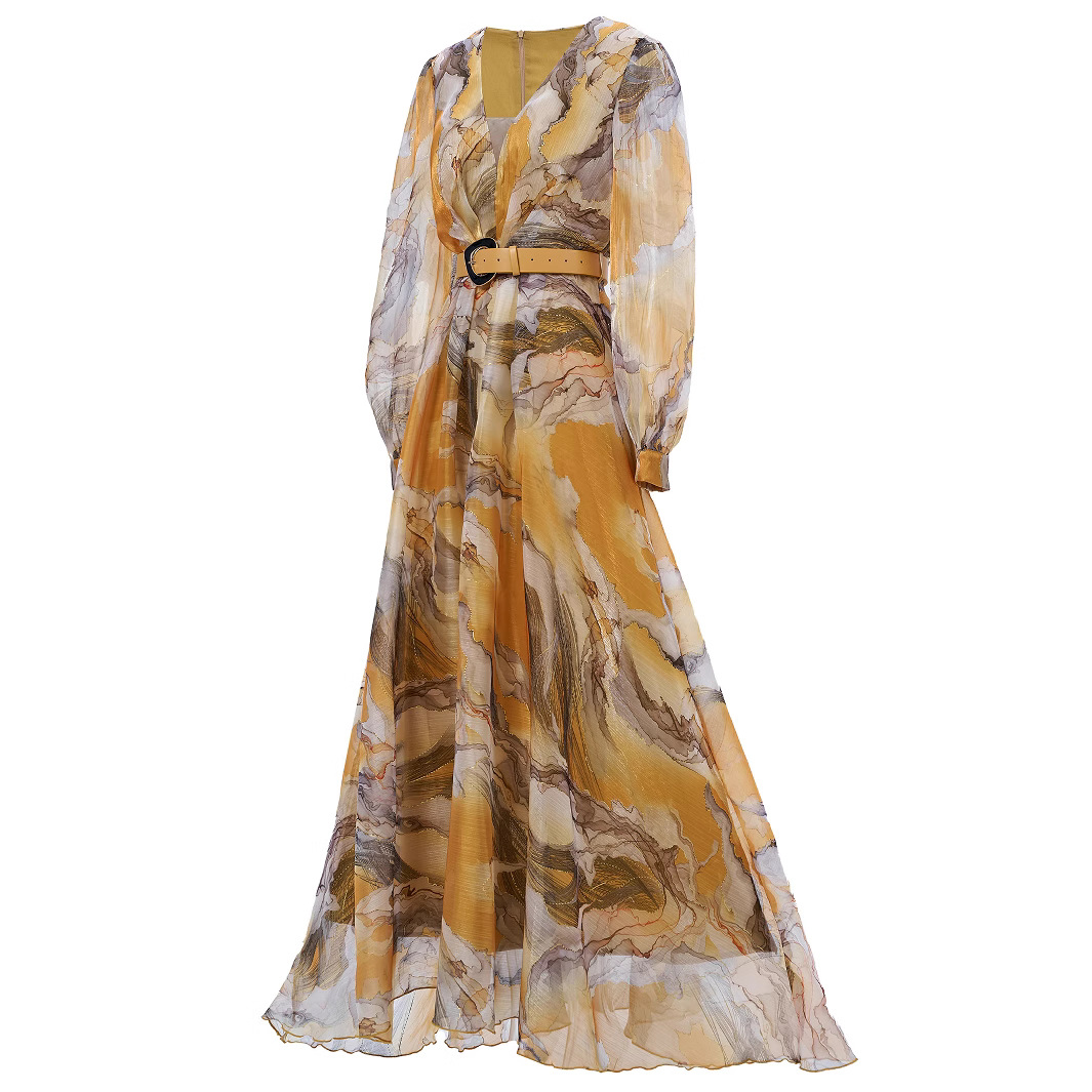 Marbled Print Chiffon Maxi Dress with Belt | Yellow V-Neck Balloon Long Sleeve Flowy Gown | Elegant Summer/Formal Occasion Wear qc18