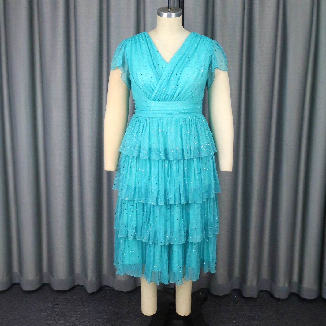Plus-Sizes Sparkle Tiered Pleated Midi Dress with V-Neck AM050424	-UGENA FASHION