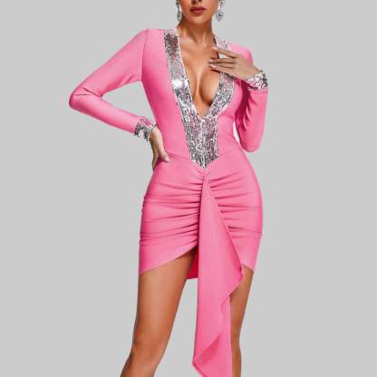 Hot Pink Sequin Plunge V-Neck Bodycon Dress – Long Sleeve Ruched Party Mini BA354