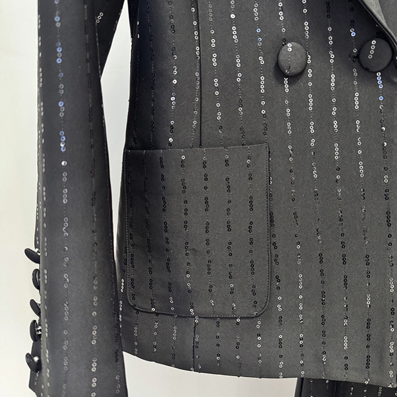 Women's Chic Striped Sequin Power Suit - Double-Breasted Blazer & Wide-Leg Pants Set for Party & Office 3092
