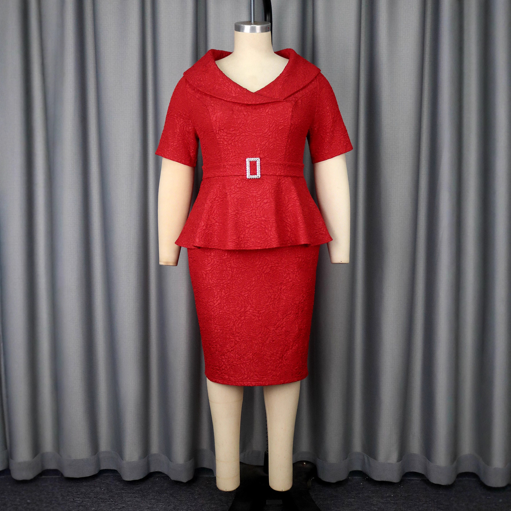 Plus-Sizes Elegant Peplum Skirt Suit with Rhinestone Belt AM050134	-UGENA FASHION