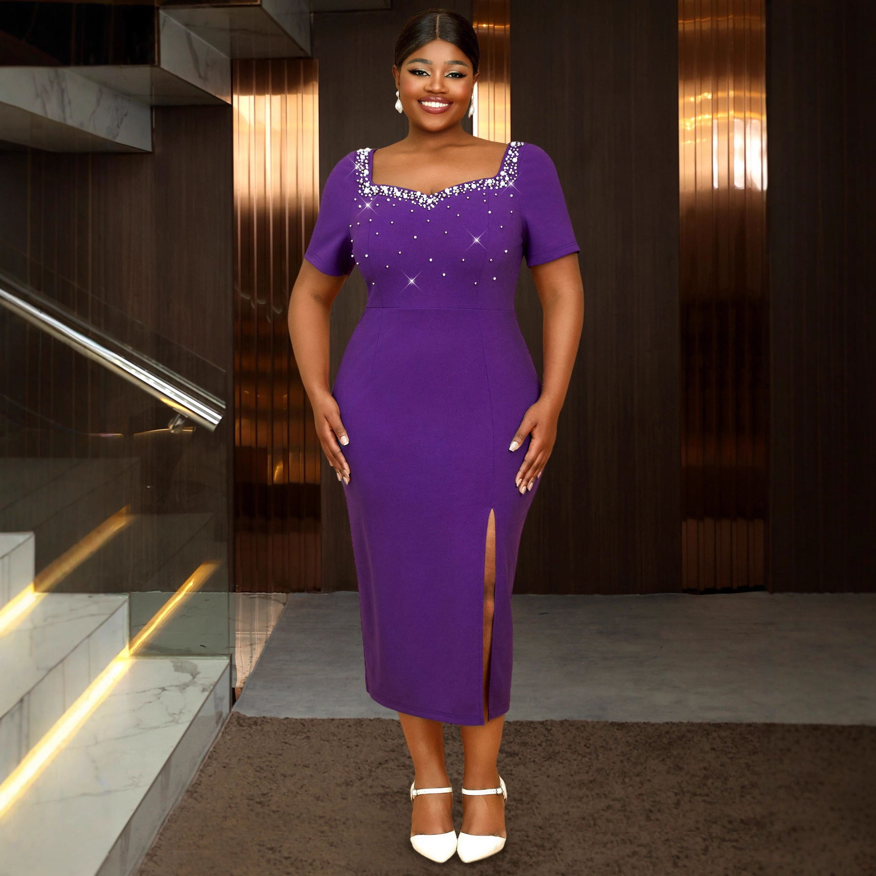 Plus-Sizes Rhinestone Embellished Purple  Midi Dress AM050104	-UGENA FASHION