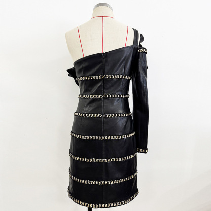 Edgy Black Faux Leather One-Shoulder Mini Dress with Gold Chain 2810