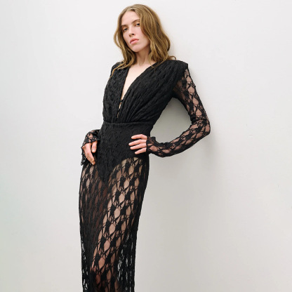 BD2668 Vintage-Inspired Black Lace Long Sleeve Evening Dress - Deep V Sheer Maxi Gown with Built-in Bodysuit BD2668