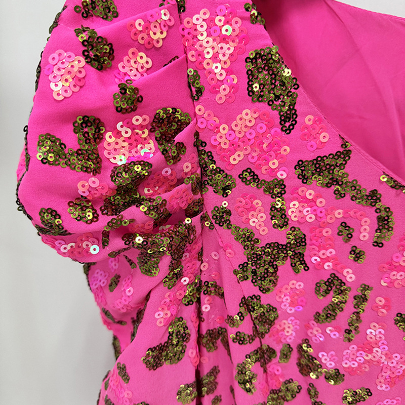 Glamorous Fuchsia Sequin Long Sleeve Evening Gown - Elegant V-Neck Puffed Shoulder Formal Prom Dress with Waist Belt 9105