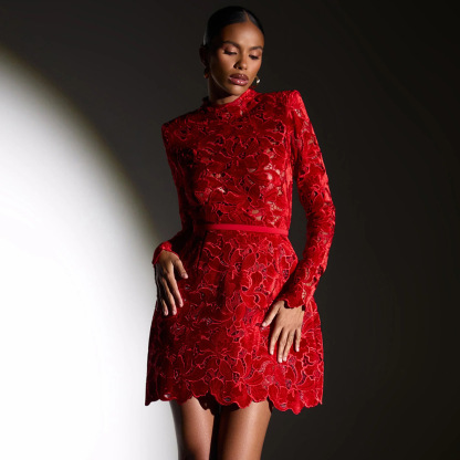 Luxurious Red Guipure Lace Mini Dress - Mock Neck Long Sleeve Party Cocktail Dress with Belt 996210072732