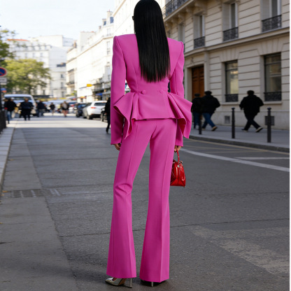 Elegant Fuchsia Peplum Blazer & Flare Pants Set - High-Fashion Double Breasted Ruffle Waist Suit for Women - Formal Evening & Runway Two-Piece Outfit 3012
