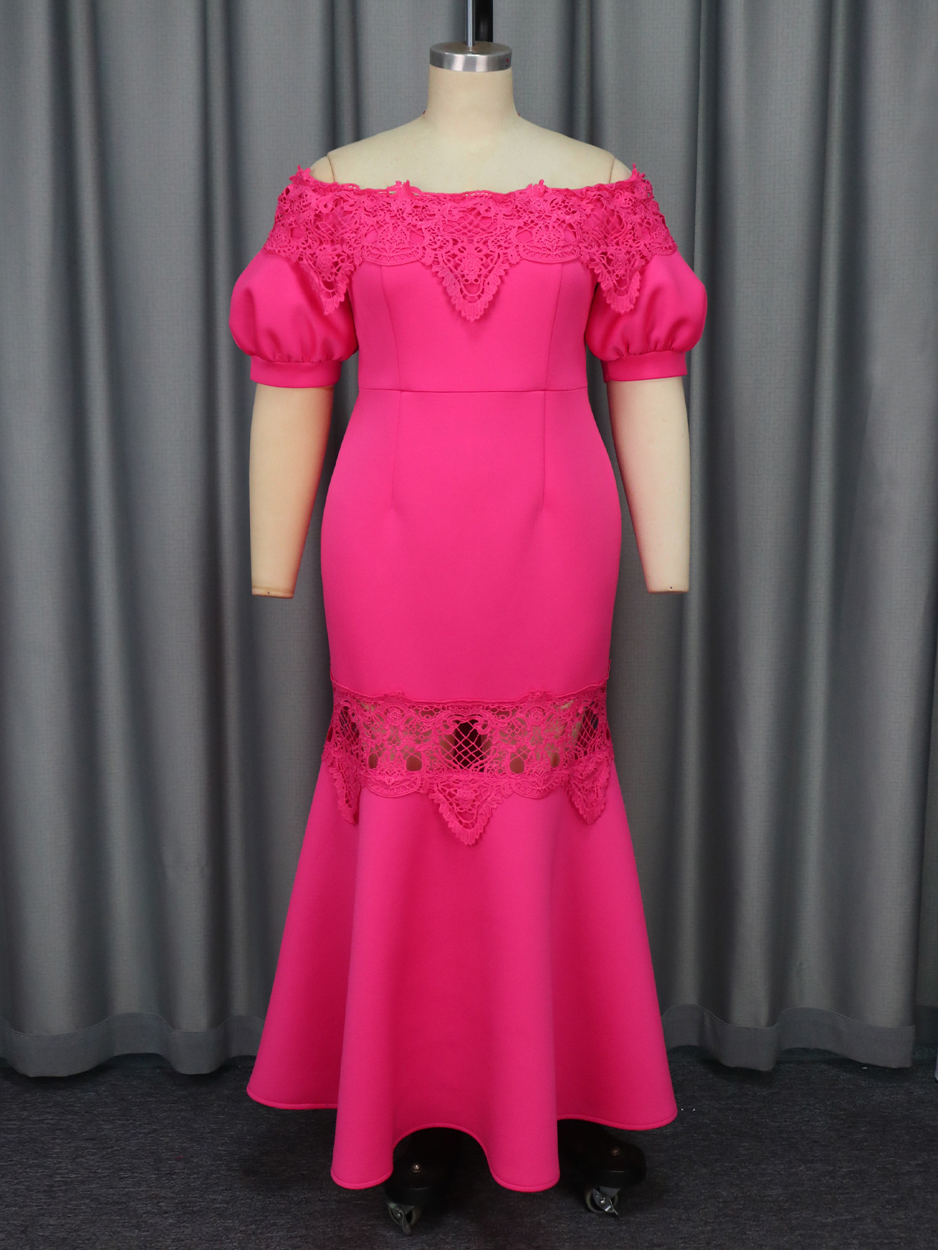 Plus-Sizes Elegant Off-Shoulder Mermaid Gown with Lace Trim - Fuchsia Bodycon Formal Dress AM041010	-UGENA FASHION