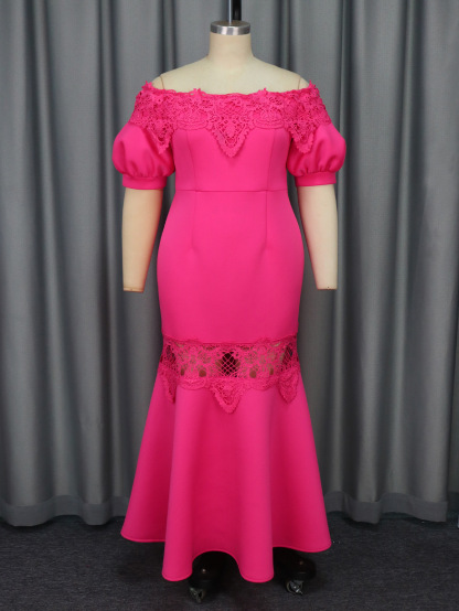Plus-Sizes Elegant Off-Shoulder Mermaid Gown with Lace Trim - Fuchsia Bodycon Formal Dress AM041010	-UGENA FASHION