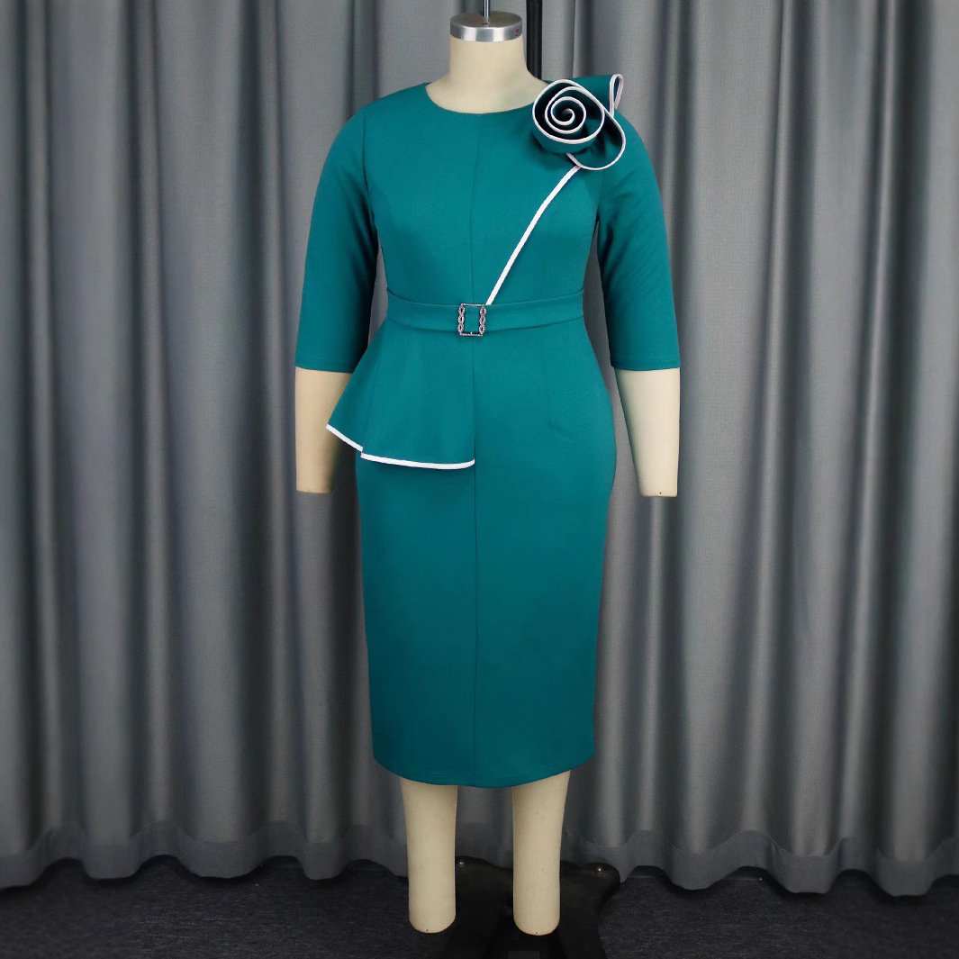 Plus-Sizes  Chic Peplum Pencil Dress with 3D Flower Detail AM041226	-UGENA FASHION