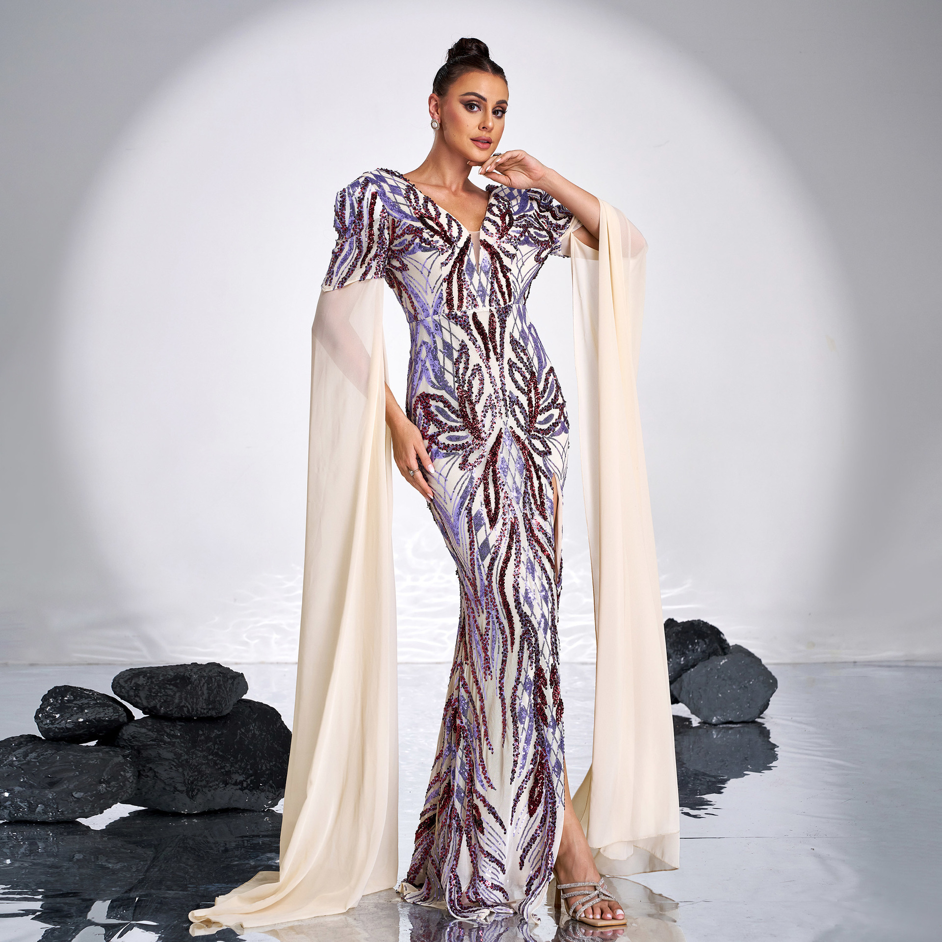 Statement Abstract Sequin Cape Sleeve Gown - V-Neck High Slit Prom Dress gm01076