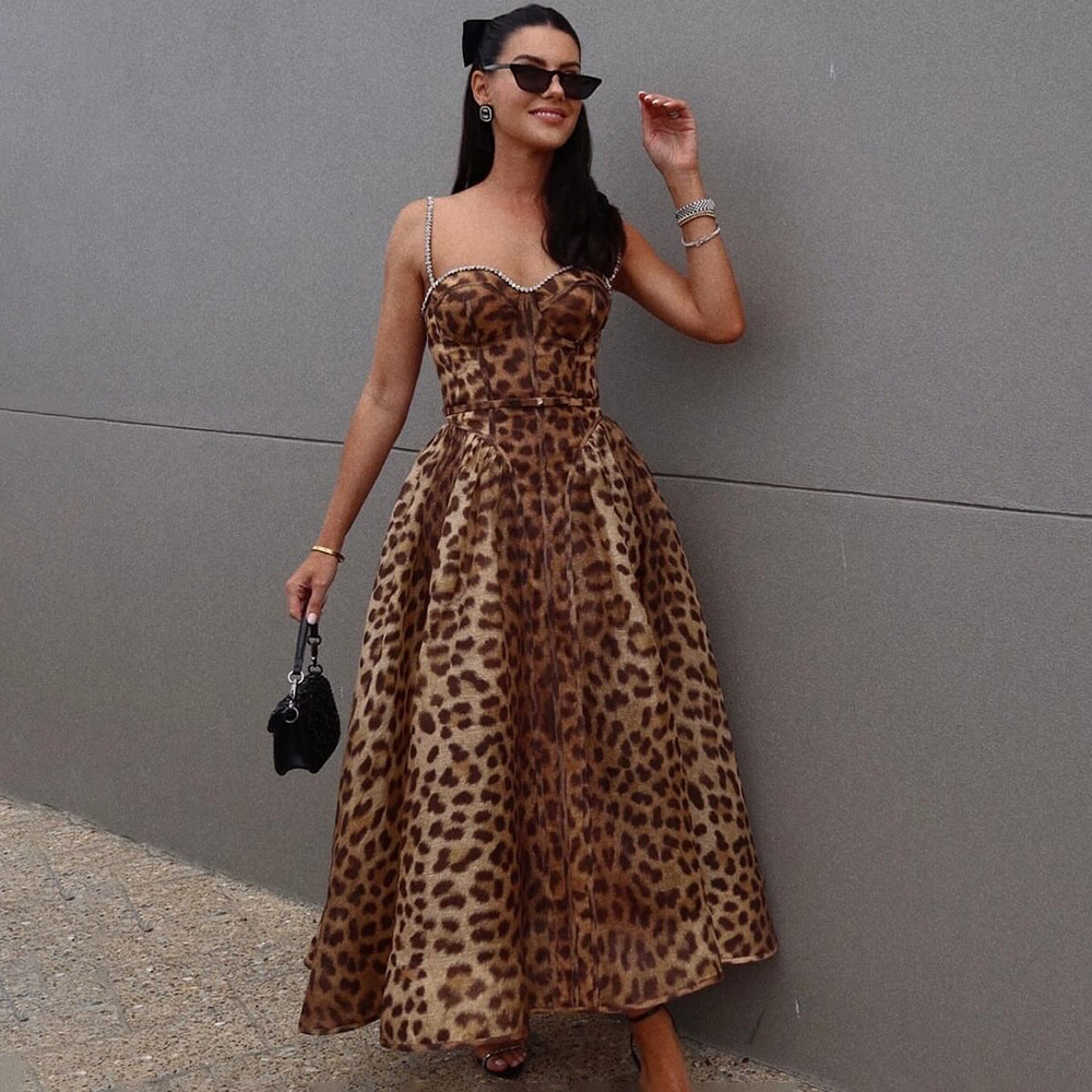 Leopard Print Bustier A-Line Midi Dress - Rhinestone Strap Corset Style Sundress BD2583