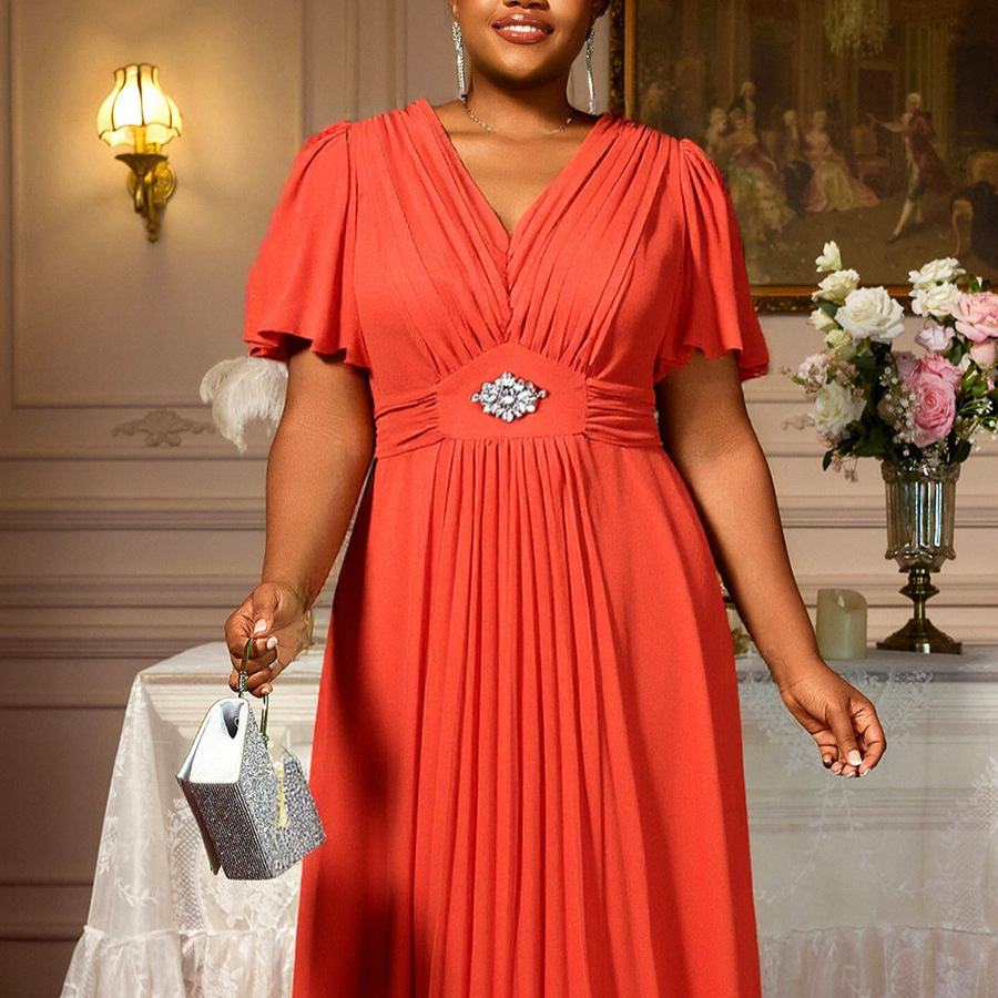 Plus-Sizes Elegant Flutter Sleeve Dress with Rhinestone Detail AM050506-UGENA FASHION