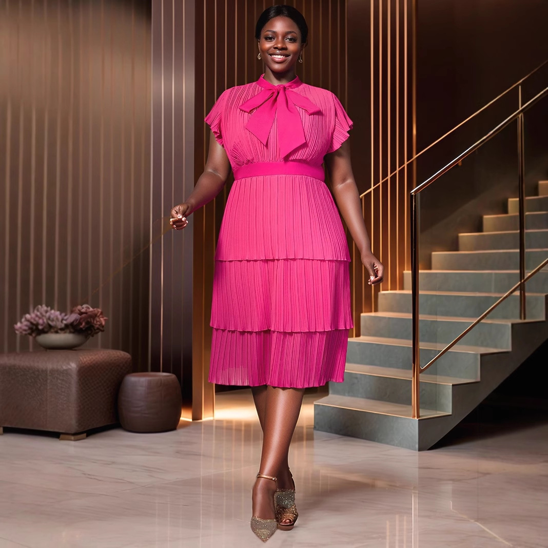Plus-Sizes Women's Elegant Pink Pleated Tiered Midi Dress with Bow AM050410	-UGENA FASHION