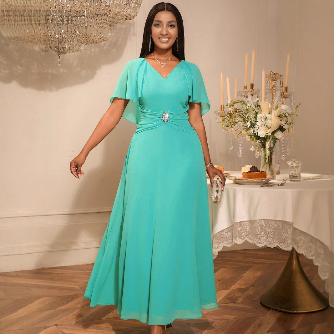 Plus-Sizes Elegant V-Neck Chiffon Dress with Rhinestone Detail AM050534	-UGENA FASHION