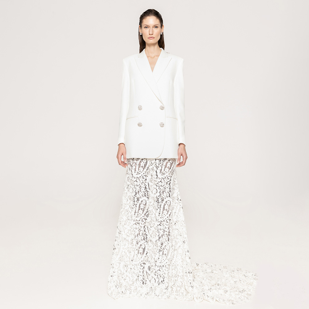 Modern Backless Bridal Blazer and Sequin Lace Mermaid Skirt Set - Two-Piece Wedding Suit for Reception & Civil Ceremony Z0028