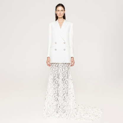 Modern Backless Bridal Blazer and Sequin Lace Mermaid Skirt Set - Two-Piece Wedding Suit for Reception & Civil Ceremony Z0028