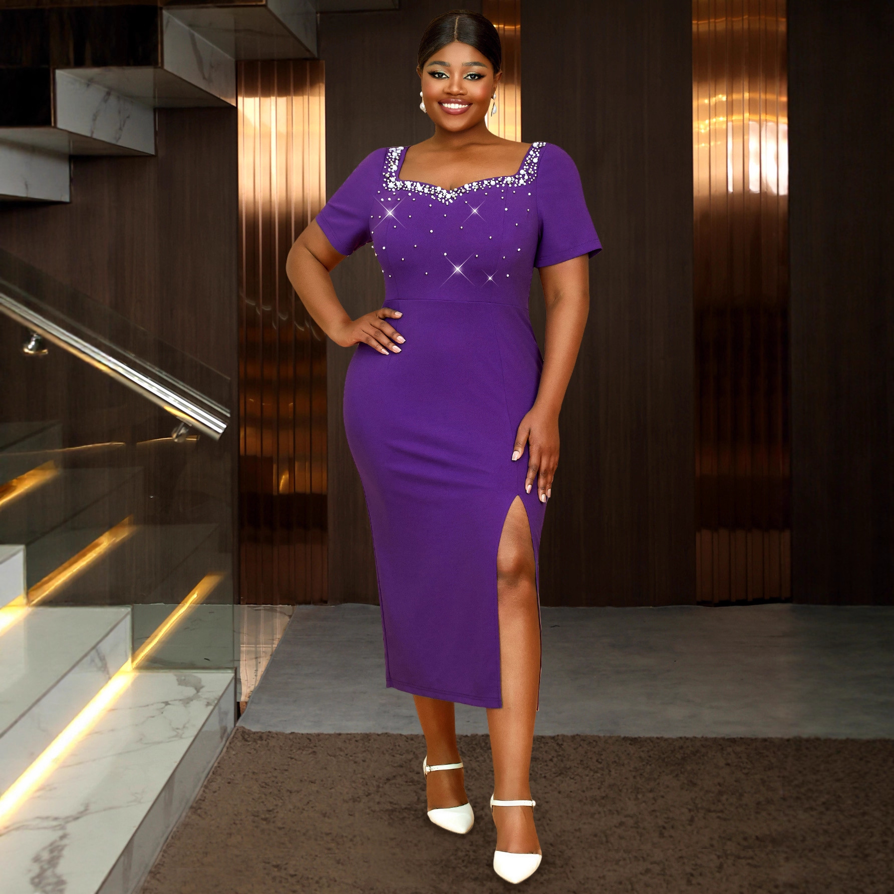 Plus-Sizes Rhinestone Embellished Purple  Midi Dress AM050104	-UGENA FASHION