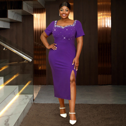 Plus-Sizes Rhinestone Embellished Purple  Midi Dress AM050104	-UGENA FASHION