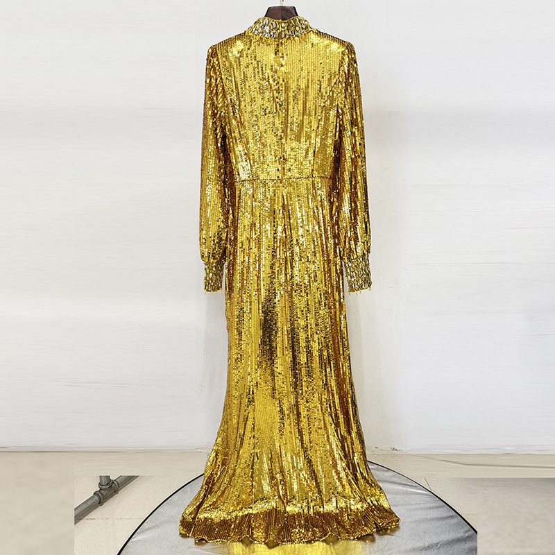 Dazzling Gold Sequin Long Sleeve Gown - Beaded High Neck Maxi 9098