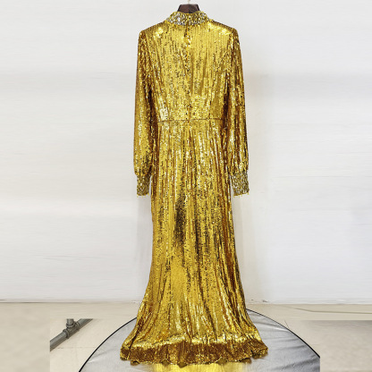 Dazzling Gold Sequin Long Sleeve Gown - Beaded High Neck Maxi 9098