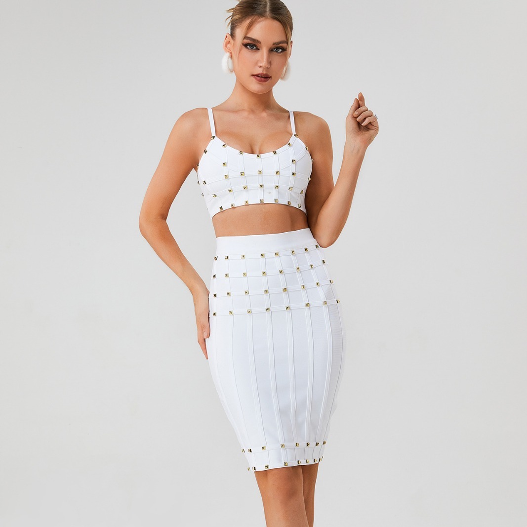 White & Gold Studded Bandage Crop Top & Midi Skirt Set - Two Piece Bodycon Clubwear BA363