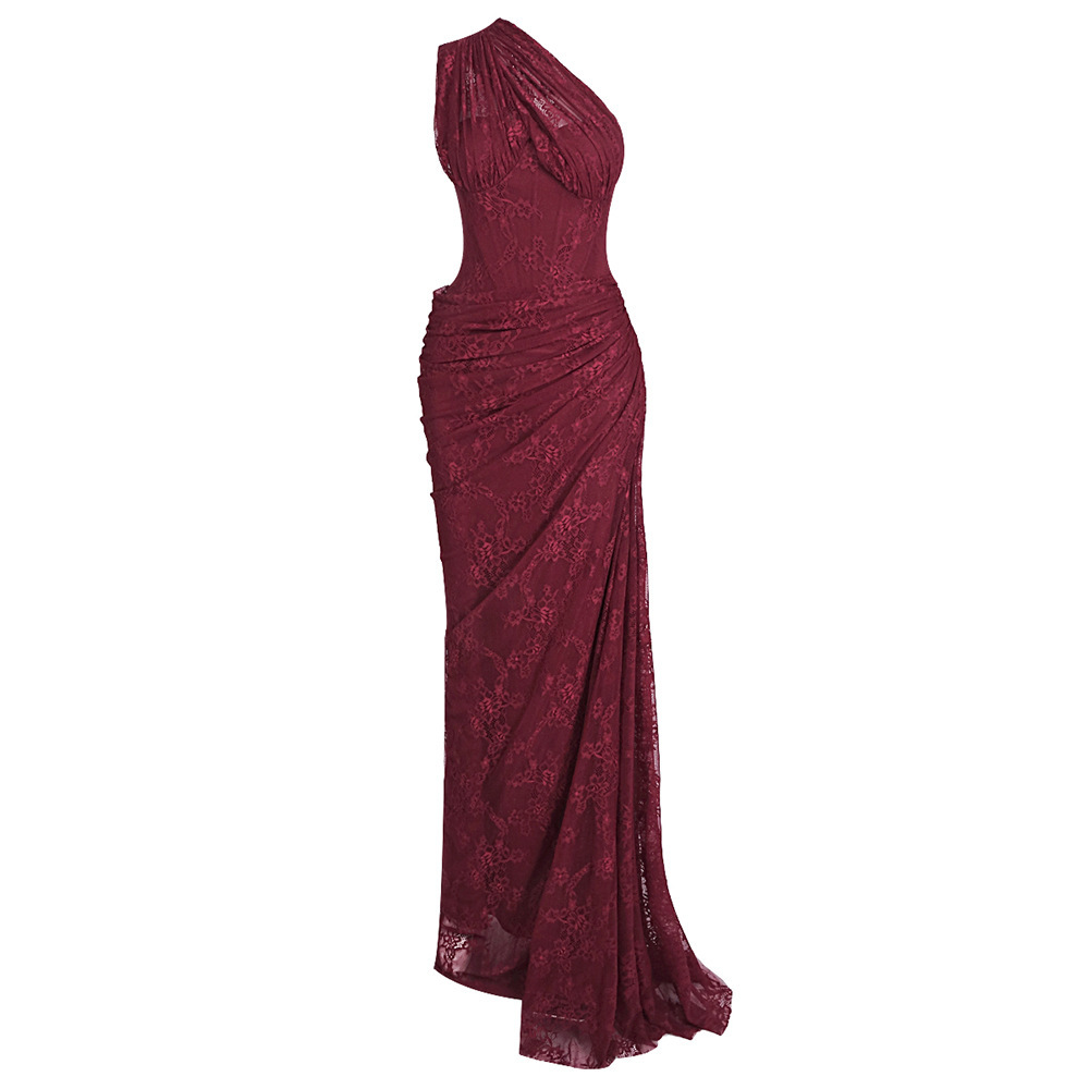 Luxurious One-Shoulder Wine Red Lace Gown - Asymmetric Corset Style Ruched Maxi Dress BD2677
