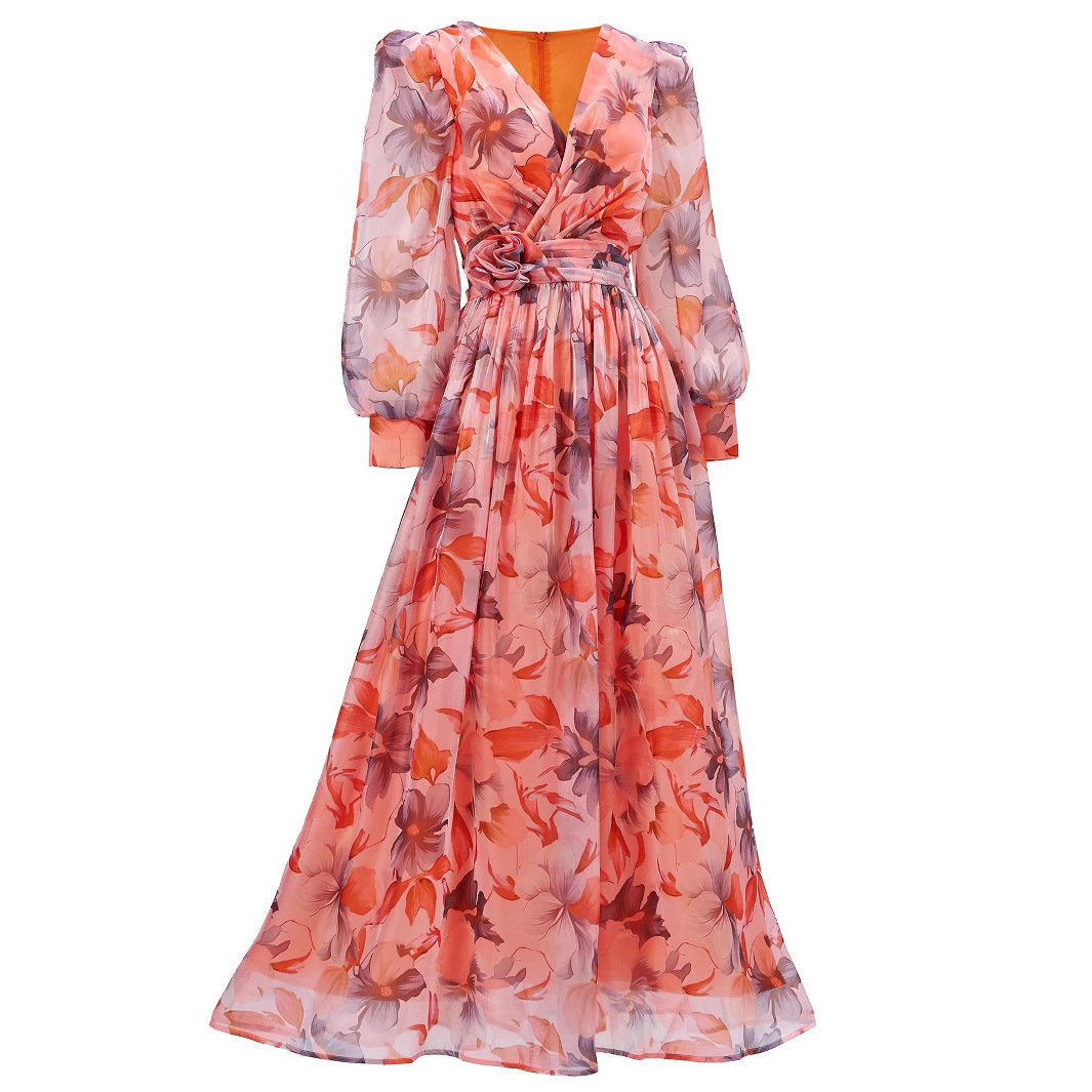 Coral Floral Print Maxi Chiffon Dress | V-Neck Long Sleeve Flowy Gown with Ruched Waist Detail | Elegant Summer Wedding Guest Attire qc19