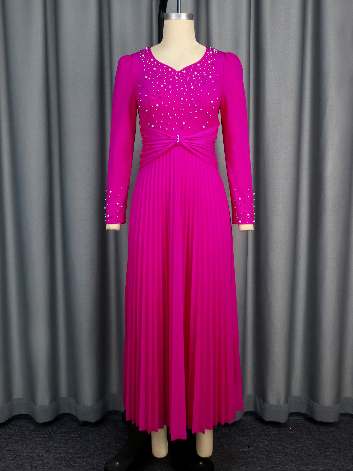 Plus-Sizes Long Sleeve Embellished Pleated Maxi Dress - Elegant V-Neck Gown for Formal Occasions AM050217	-UGENA FASHION