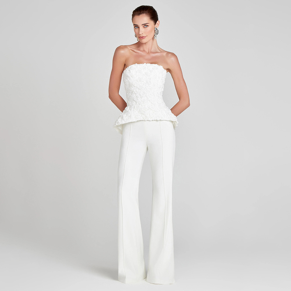 Chic White Strapless Peplum Jumpsuit - 3D Floral Textured Wide Leg Pants Suit for Wedding & Gala BD2667