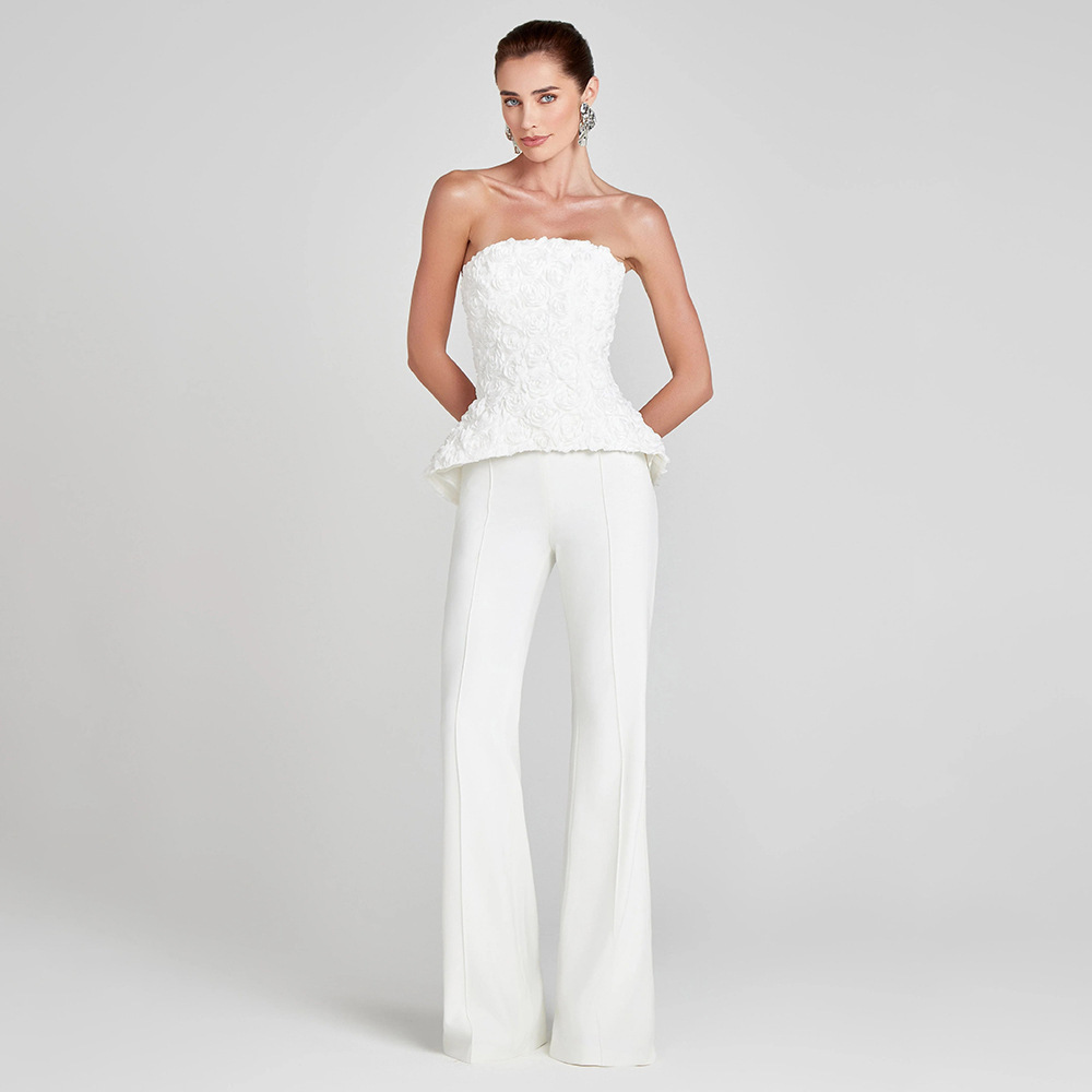 Chic White Strapless Peplum Jumpsuit - 3D Floral Textured Wide Leg Pants Suit for Wedding & Gala BD2667