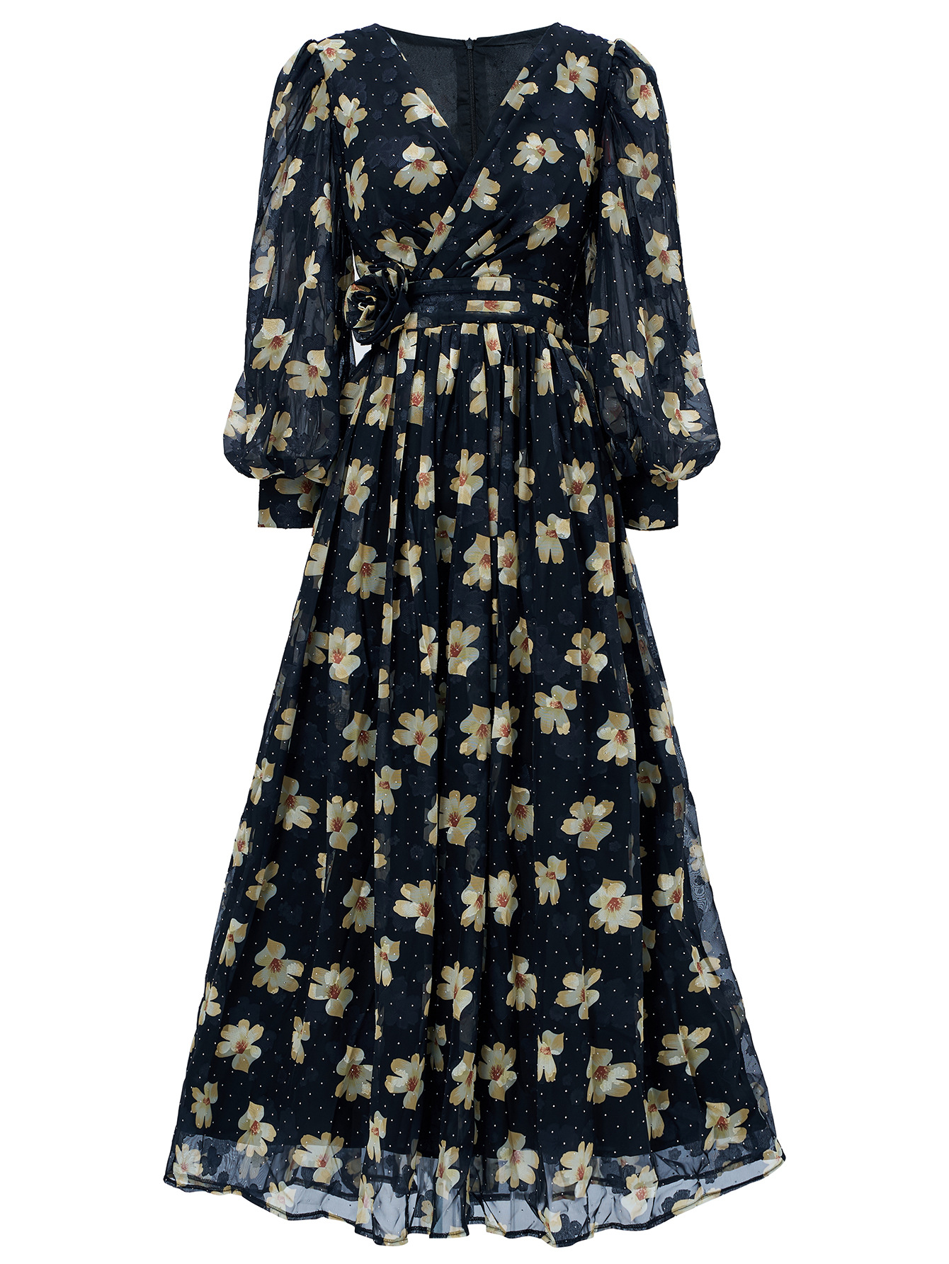 Navy Floral & Polka Dot Chiffon Maxi Dress | Vintage V-Neck Long Puff Sleeve Gown with Ruched Waist | Fall/Winter Formal Occasion Wear qc22