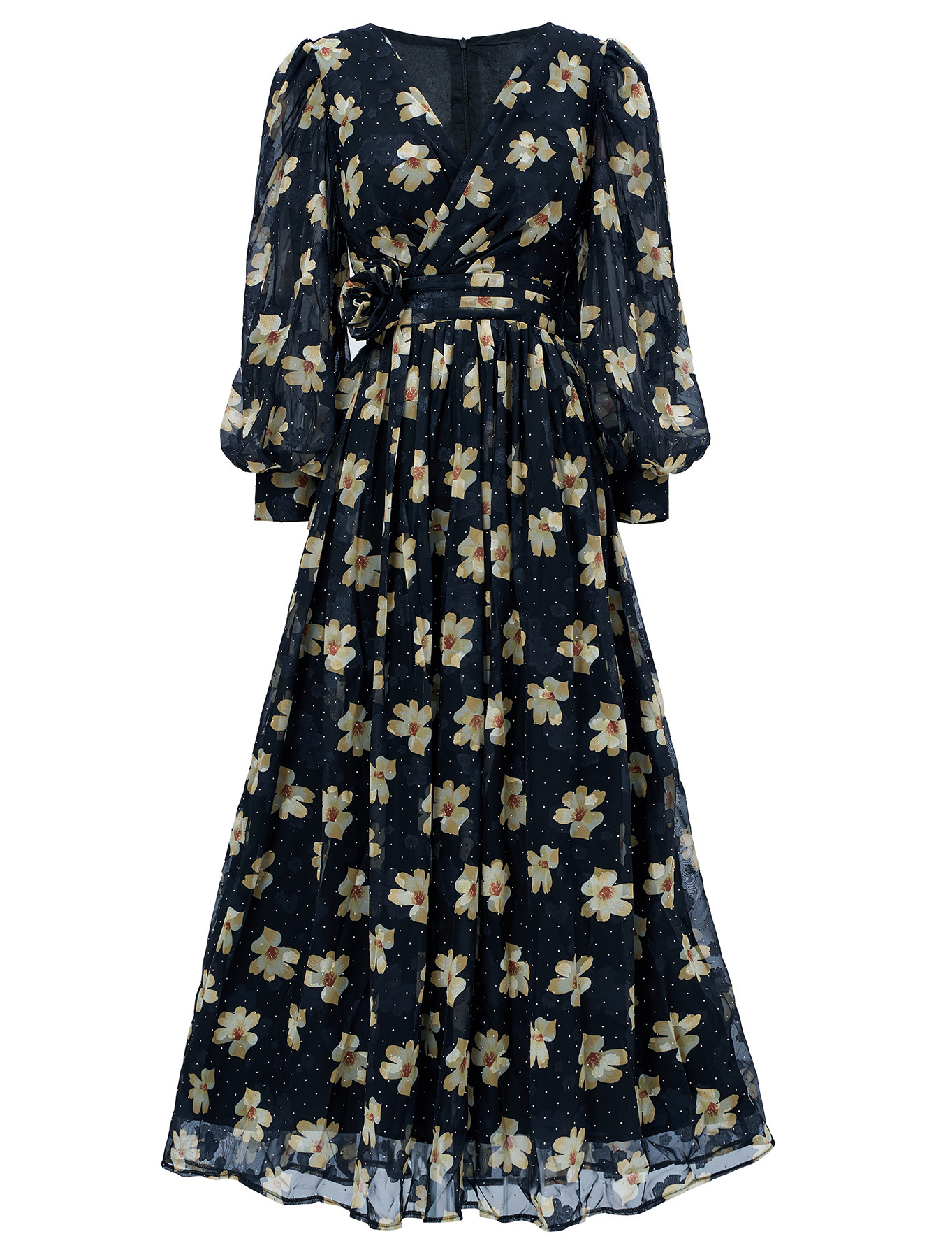 Navy Floral & Polka Dot Chiffon Maxi Dress | Vintage V-Neck Long Puff Sleeve Gown with Ruched Waist | Fall/Winter Formal Occasion Wear qc22
