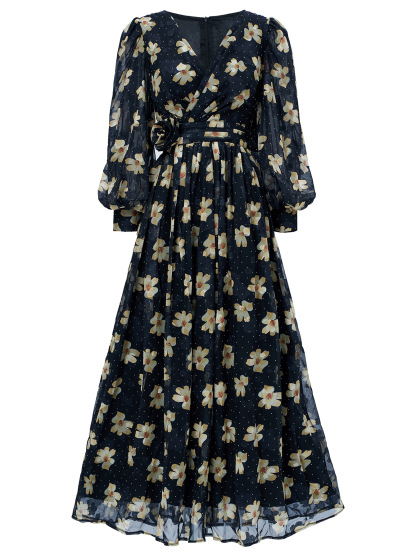 Navy Floral & Polka Dot Chiffon Maxi Dress | Vintage V-Neck Long Puff Sleeve Gown with Ruched Waist | Fall/Winter Formal Occasion Wear qc22