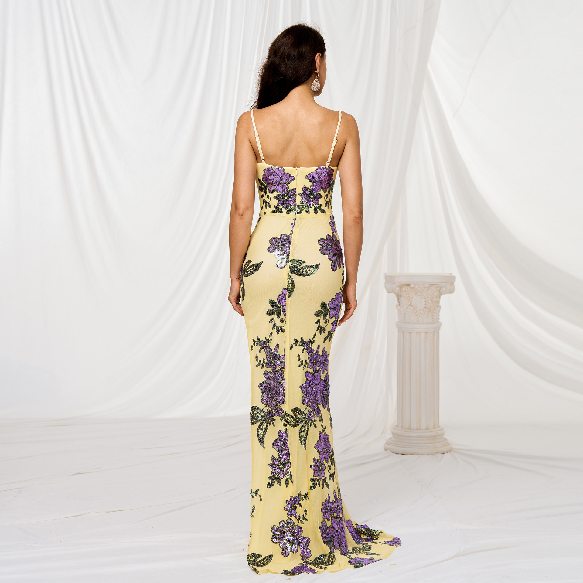 Elegant Yellow Sequin Floral Gown | High Slit V-Neck Spaghetti Strap Prom & Evening Dress rj11354