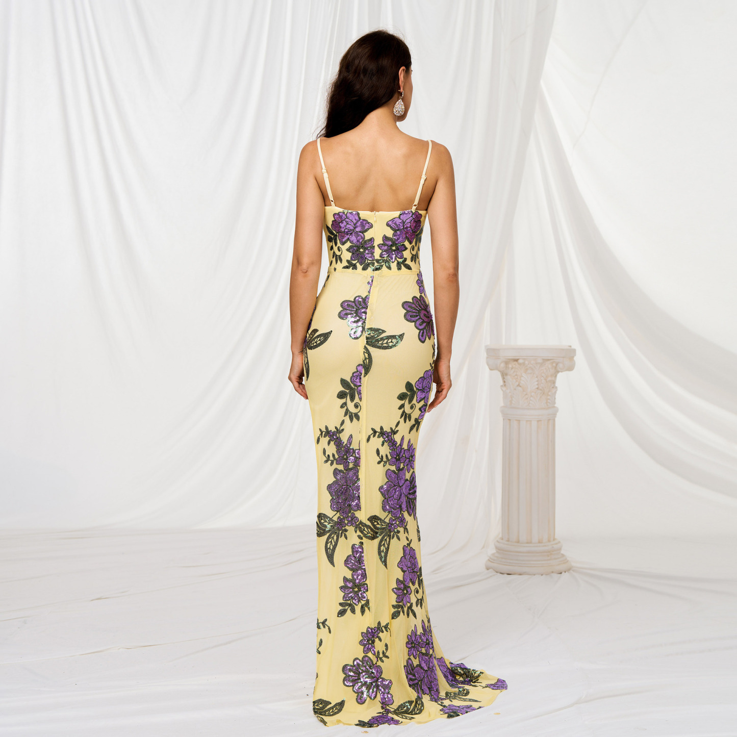 Elegant Yellow Sequin Floral Gown | High Slit V-Neck Spaghetti Strap Prom & Evening Dress rj11354