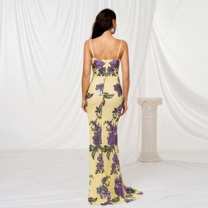 Elegant Yellow Sequin Floral Gown | High Slit V-Neck Spaghetti Strap Prom & Evening Dress rj11354