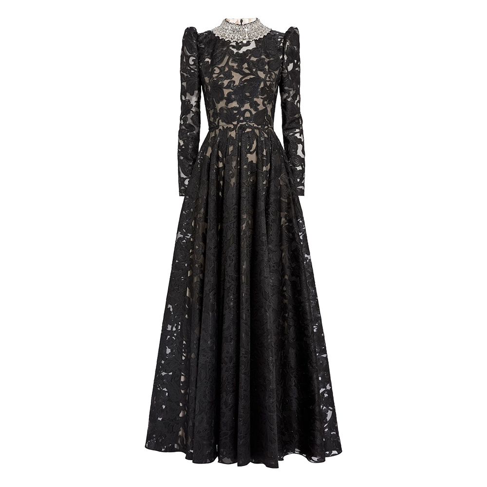 Luxurious Black Lace Long Sleeve Evening Gown with Crystal Jeweled Collar - Elegant Floor-Length Formal Gala & Party Dress 9106