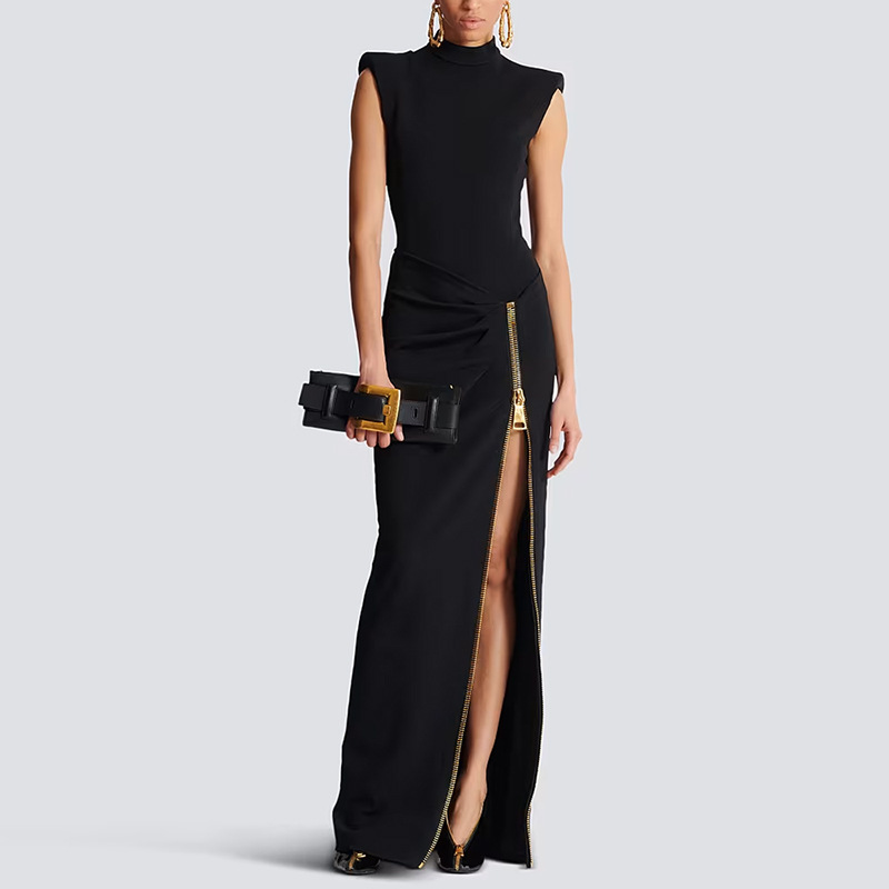 Sexy Black High Neck Maxi Dress with Gold Zipper Slit 3083
