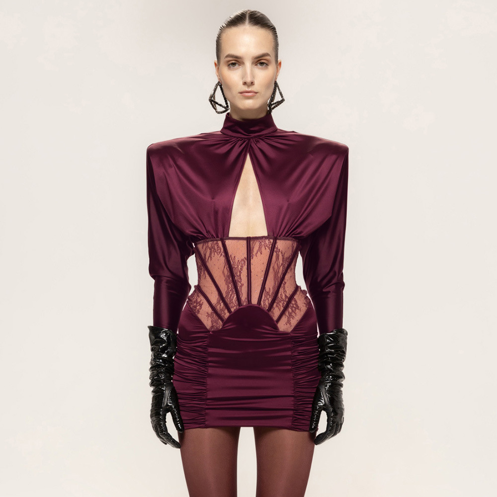 Sexy Burgundy Satin Corset Mini Dress - High Neck Long Sleeve Party Bodycon Z0029