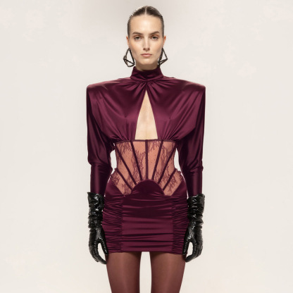 Sexy Burgundy Satin Corset Mini Dress - High Neck Long Sleeve Party Bodycon Z0029