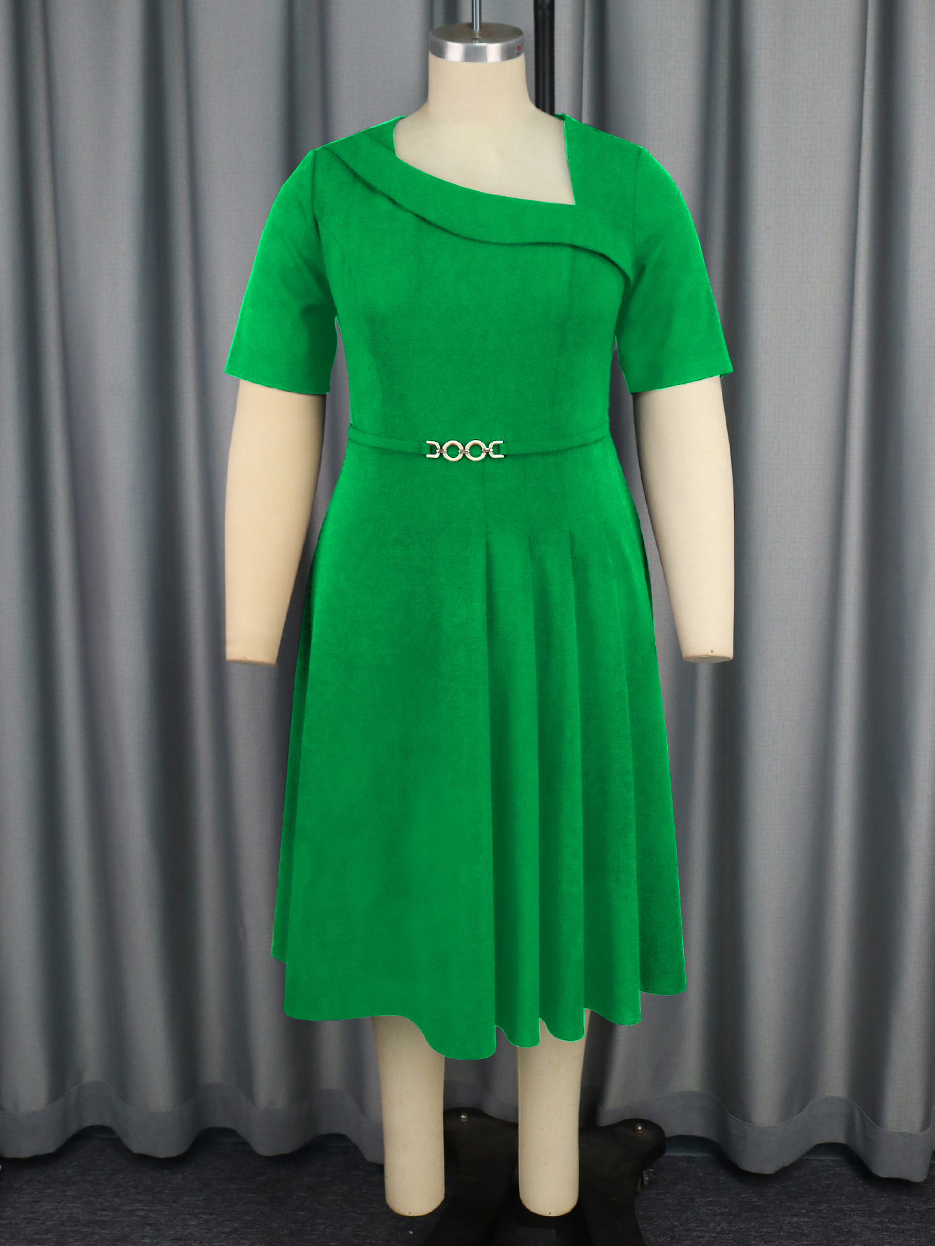 Plus-Sizes  Asymmetric Neck Pleated A-line Dress with Short Sleeves AM040926-UGENA FASHION