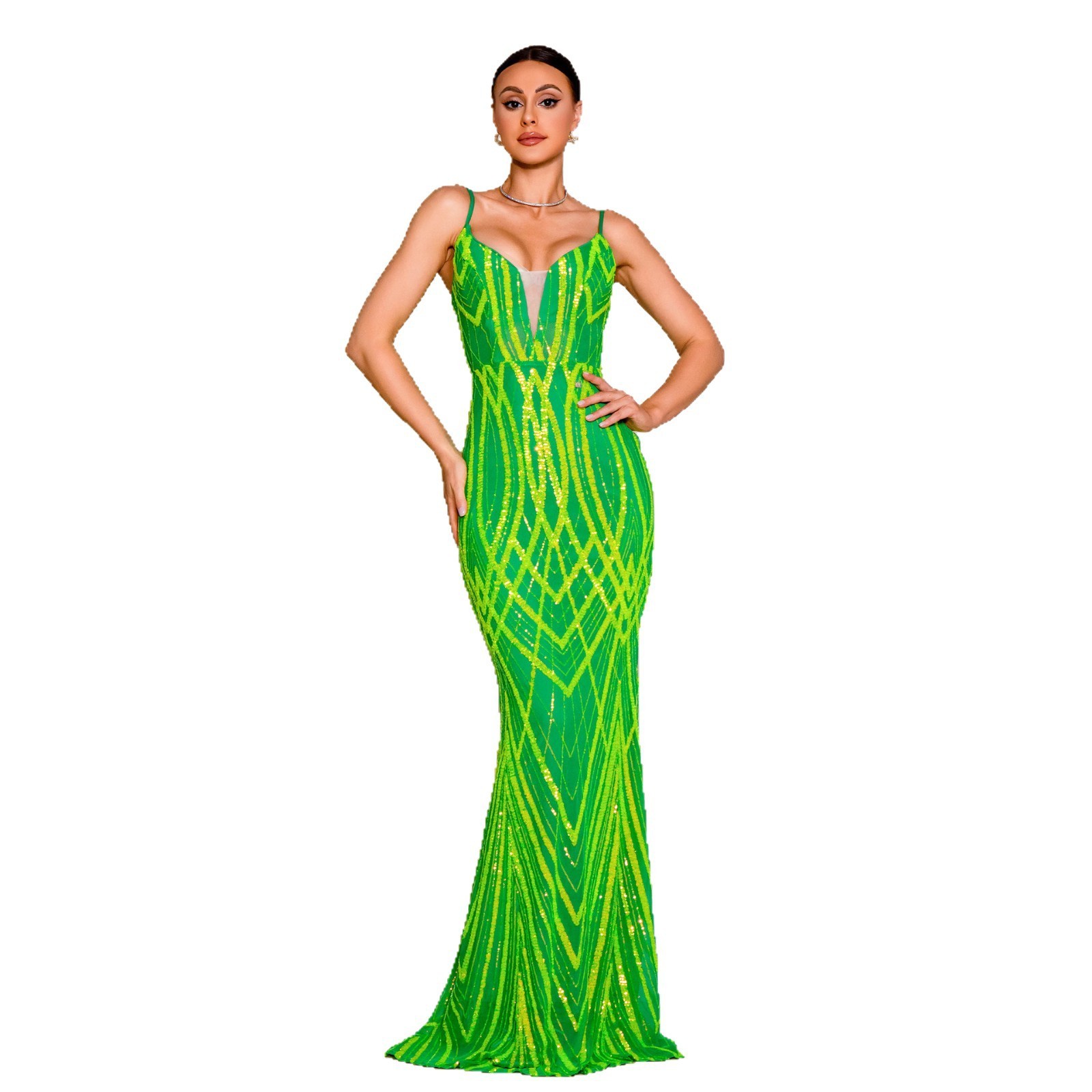 Fluorescent Green Sequin Mermaid Gown with V-Neck & Crisscross Back - Showstopper Prom Dress rj0066