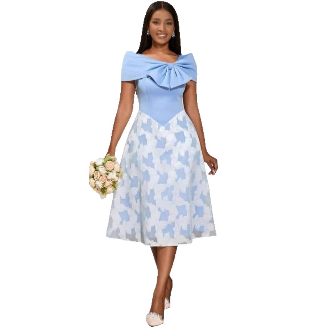 Plus-Sizes Romantic Bow-Detail Cocktail Dress with Jacquard Skirt AM050558	-UGENA FASHION