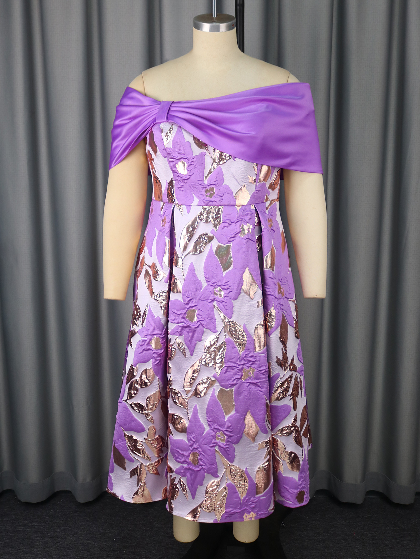 Plus-Sizes Floral Brocade Off-Shoulder Midi Cocktail Dress AM050225			-UGENA FASHION