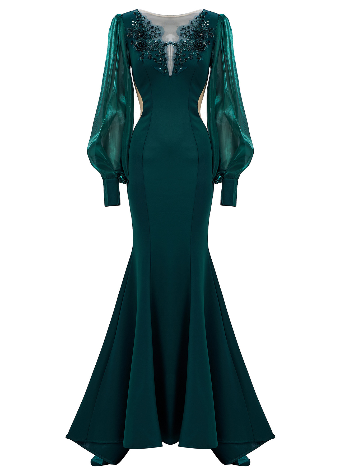 Black Statement Puff Sleeve Mermaid Gown | Beaded V-Neck Illusion Formal Dress qc15